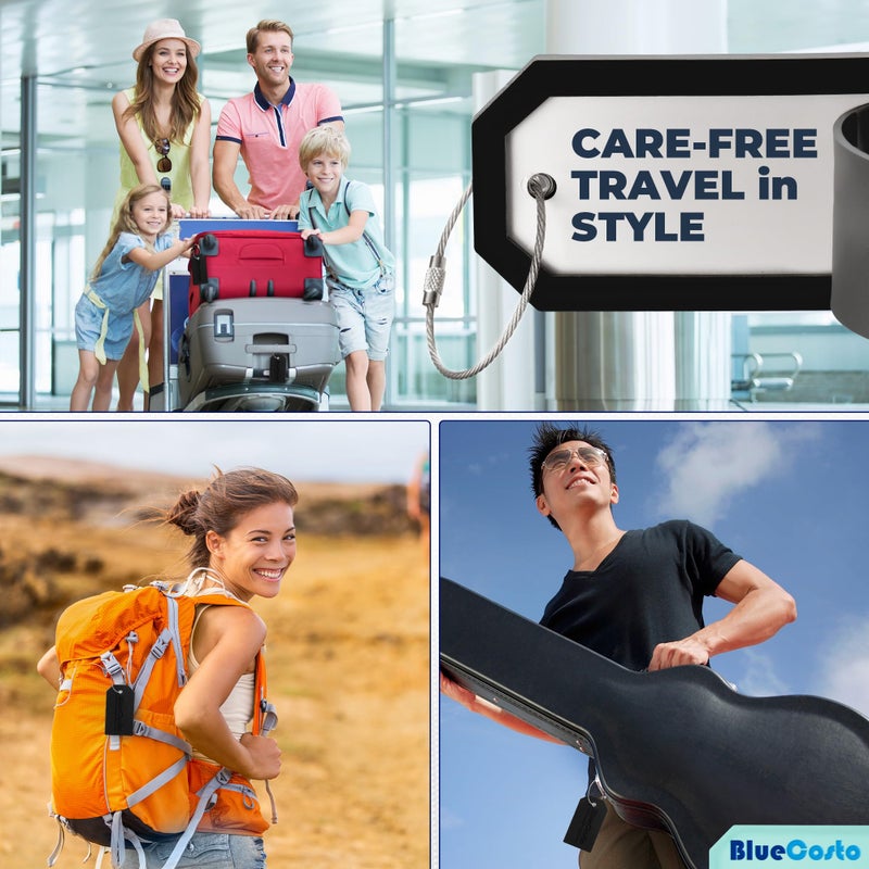 BlueCosto - Luggage Tags - Large, Black, 5 PK - PVC Suitcase Tags w/Privacy Cover & Stainless Steel Wire Loops - Personalized Baggage Identifiers for Travel - Backpack Name Labels - Image 5